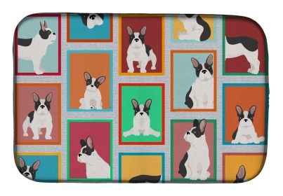 Lots of Black and White French Bulldog Dish Drying Mat Absorbent Dish Drying Mat Pad for Kitchen Counter Dish Drainer Mat for Countertop, 14 x 21