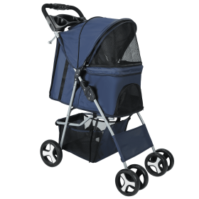 4 Wheels Pet Stroller Foldable Carrier Strolling Cart Travel Jogger Pet (Color: Blue)