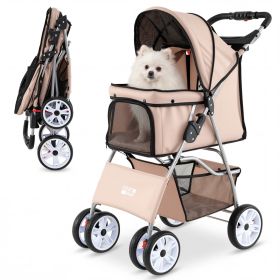 4 Wheel Pet Stroller for Small Dogs up to 33 LBS (Color: Beige)